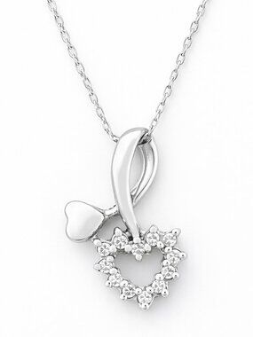 Genuine Diamond Heart Pendant Necklace SOLID 10k White Gold